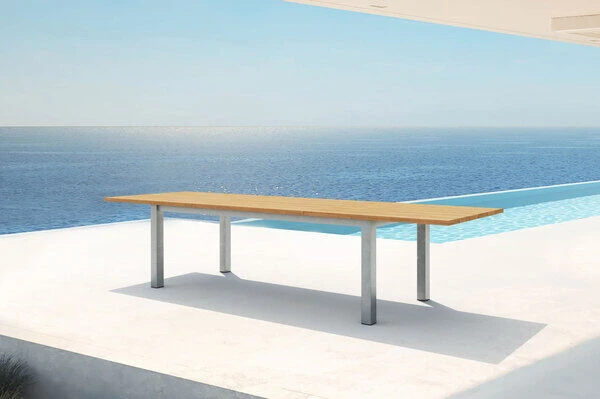 OUTFLEXX Ausziehtisch, FSC-Teakholz/Edelstahl, Plattenstärke 30mm, 220/340x100cm 1 OUTFLEXX Ausziehtisch, FSC-Teakholz/Edelstahl, Plattenstärke 30mm, 220/340x100cm