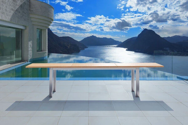 OUTFLEXX Ausziehtisch, FSC-Teakholz/Edelstahl, Plattenstärke 30mm, 220/340x100cm 2 OUTFLEXX Ausziehtisch, FSC-Teakholz/Edelstahl, Plattenstärke 30mm, 220/340x100cm – Bild 2