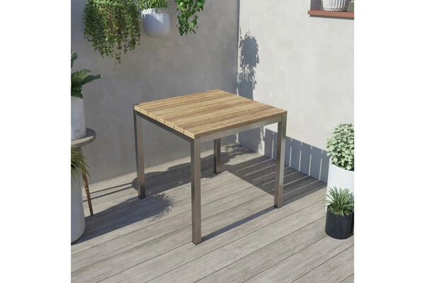 OUTFLEXX Esstisch, Silber/natur, Edelstahl/ Recyceltes FSC®-Teakholz, 90x90cm, Rustikal Gebürstet 1 OUTFLEXX Esstisch, Silber/natur, Edelstahl/ Recyceltes FSC®-Teakholz, 90x90cm, Rustikal Gebürstet