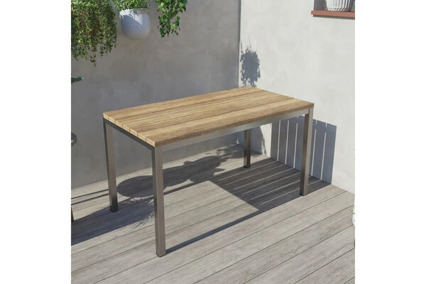 OUTFLEXX Esstisch, Silber/natur, Edelstahl/ Recyceltes FSC®-Teakholz, 150x80cm, Rustikal Gebürstet 1 OUTFLEXX Esstisch, Silber/natur, Edelstahl/ Recyceltes FSC®-Teakholz, 150x80cm, Rustikal Gebürstet