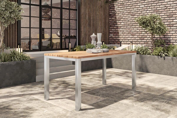 OUTFLEXX Esstisch, Silber/natur, Edelstahl/ Recyceltes FSC®-Teakholz, 200x100cm, Rustikal Gebürstet 1 OUTFLEXX Esstisch, Silber/natur, Edelstahl/ Recyceltes FSC®-Teakholz, 200x100cm, Rustikal Gebürstet