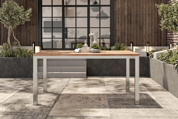 OUTFLEXX Esstisch, Silber/natur, Edelstahl/ Recyceltes FSC®-Teakholz, 200x100cm, Rustikal Gebürstet 2 OUTFLEXX Esstisch, Silber/natur, Edelstahl/ Recyceltes FSC®-Teakholz, 200x100cm, Rustikal Gebürstet – Bild 2