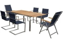 OUTFLEXX Set, Schwarz, 180/240 X 100 Cm, Edelstahl/Teak, Ausziehtisch, 4 Stühle Padded, 2 Multipositionssessel