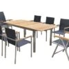 OUTFLEXX Set, Schwarz, 150 X 90 Cm, Edelstahl/Teak, Ausziehtisch, 6 Stühle, 2 Multipositionssessel