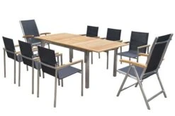 OUTFLEXX Set, Schwarz, 150 X 90 Cm, Edelstahl/Teak, Ausziehtisch, 6 Stühle, 2 Multipositionssessel