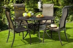 HARTMAN Palermo Esstischgruppe, Bronze, Alu-Guss/Textilene, 4 Stapelsessel, Ø120cm