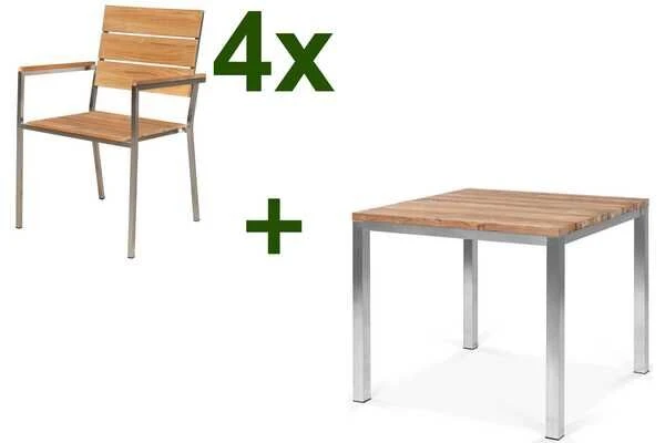 OUTFLEXX Esstischgarnitur, Silber, Edelstahl / FSC-Teakholz, Tisch 90 X 90 Cm, 4 Stapelsessel 1 OUTFLEXX Esstischgarnitur, Silber, Edelstahl / FSC-Teakholz, Tisch 90 X 90 Cm, 4 Stapelsessel