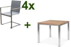 OUTFLEXX Esstischgarnitur, Edelstahl / Recyceltes FSC-Teak, Tisch 90 X 90 Cm, 4 Freischwinger Padded, Taupe