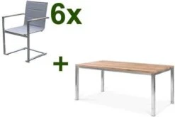 OUTFLEXX Esstischgarnitur, Edelstahl / FSC-Teak, Tisch 180 X 90 Cm, 6 Freischwinger Padded, Silber
