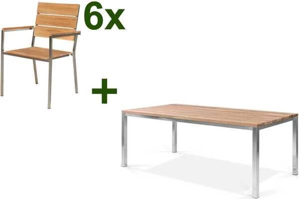 OUTFLEXX Esstischgarnitur, Edelstahl / FSC-Teak, Tisch 200 X 100 Cm, 6 Stapelsessel 1 OUTFLEXX Esstischgarnitur, Edelstahl / FSC-Teak, Tisch 200 X 100 Cm, 6 Stapelsessel