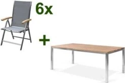 OUTFLEXX Esstischgarnitur, Edelstahl / FSC-Teak, Tisch 200 X 100 Cm, 6 Multipositionssessel, Silber