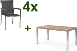 STERN Polaris Esstischgruppe, Silbergrau, Edelstahl/recycled Teak, Tisch 150 X 90 Cm, 4 Stapelsessel