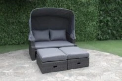 OUTFLEXX Fontana Loungebett, Grau, Polyrattan, Doppel-halbrund, Mit Unterschiebbaren Hockern, Dach Klappbar