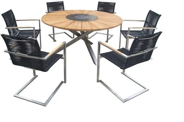 OUTFLEXX Esstischgarnitur, Silber/schwarz, Edelstahl/FSC-Teak, Esstisch Ø 170 Cm, 6 Freischwinger 2 OUTFLEXX Esstischgarnitur, Silber/schwarz, Edelstahl/FSC-Teak, Esstisch Ø 170 Cm, 6 Freischwinger – Bild 2