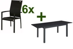 DOPPLER Expert Esstischgarnitur, Anthrazit/schwarz, Alu/Textilene, 6 Stapelsessel, 150-210x90cm