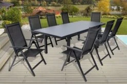 OUTFLEXX Premium Esstischgarnitur, OUTFLEXX® Anthrazit Matt, Alu/Textilene, Tisch 180/240x100cm, 8 Multipositionssessel