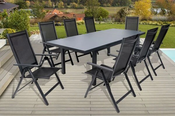 OUTFLEXX Premium Esstischgarnitur, OUTFLEXX® Anthrazit Matt, Alu/Textilene, Tisch 180/240x100cm, 8 Multipositionssessel 1 OUTFLEXX Premium Esstischgarnitur, OUTFLEXX® Anthrazit Matt, Alu/Textilene, Tisch 180/240x100cm, 8 Multipositionssessel