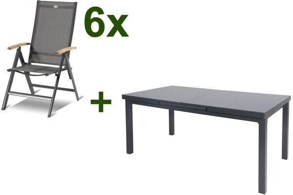 HARTMAN Aruba Teak Esstischgarnitur, Xerix, Alu/Textilene, Tisch 180/240x100cm, 6 Multipositionssessel 1 HARTMAN Aruba Teak Esstischgarnitur, Xerix, Alu/Textilene, Tisch 180/240x100cm, 6 Multipositionssessel