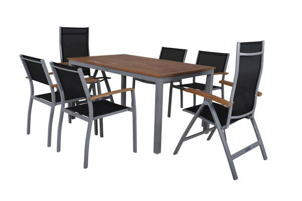 VILLANA Esstischgarnitur, Silber/schwarz, Alu / FSC-Akazienholz, Gartentisch 150 X 90 Cm, 4 Stapelsessel, 2 Hochlehner 1 VILLANA Esstischgarnitur, Silber/schwarz, Alu / FSC-Akazienholz, Gartentisch 150 X 90 Cm, 4 Stapelsessel, 2 Hochlehner
