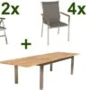 STERN Cardiff Esstischgruppe, Silber/taupe, Edelstahl/FSC-Teak, Tisch 220/340 X 100 Cm, 4 Stapel-, 2 Multipositionssessel