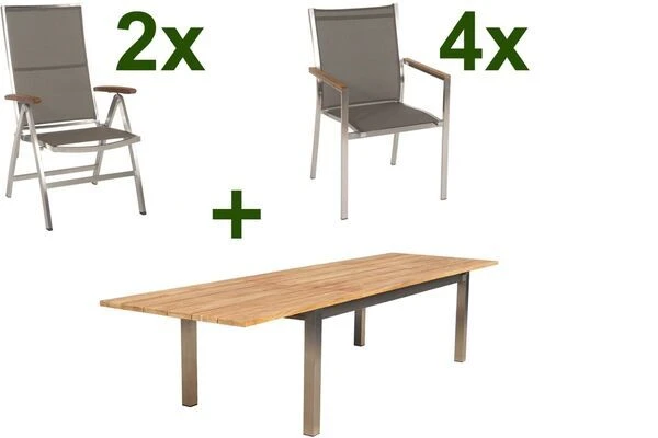 STERN Cardiff Esstischgruppe, Silber/taupe, Edelstahl/FSC-Teak, Tisch 220/340 X 100 Cm, 4 Stapel-, 2 Multipositionssessel 1 STERN Cardiff Esstischgruppe, Silber/taupe, Edelstahl/FSC-Teak, Tisch 220/340 X 100 Cm, 4 Stapel-, 2 Multipositionssessel