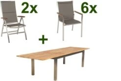 STERN Cardiff Esstischgruppe, Silber/taupe, Edelstahl/FSC-Teak, Tisch 220/340 X 100 Cm, 6 Stapel-, 2 Multipositionssessel