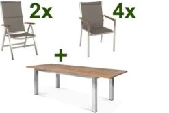 STERN Cardiff Esstischgruppe, Silber/taupe, Edelstahl/Teak, Tisch 200/260 X 100 Cm, 4 Stapel-, 2 Multipositionssessel