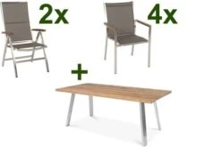 STERN Cardiff Set, Silber/taupe, Edelstahl/Teak, Tisch A-Gestell 200 X 100 Cm, 4 Stapel-, 2 Multipositionssessel