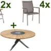 STERN Cardiff Esstischgruppe, Silber/silbergrau, Edelstahl/FSC-Teak, Tisch Ø 170 Cm, 4 Stapel-, 2 Multipositionssessel