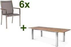 STERN Cardiff Esstischgruppe, Silber/silbergrau, Edelstahl/Teak, Tisch 200/260 X 100 Cm, 6 Stapelsessel