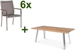 STERN Cardiff Esstischgruppe, Silber/silbergrau, Edelstahl/Teak, Tisch A-Gestell 200 X 100 Cm, 6 Stapelsessel