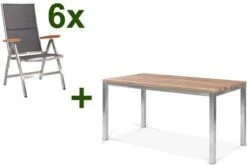 STERN Cardiff Esstischgruppe, Silber/silbergrau, Edelstahl/Teak, Tisch 150 X 80 Cm, 6 Multipositionssessel