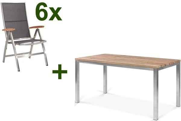 STERN Cardiff Esstischgruppe, Silber/silbergrau, Edelstahl/Teak, Tisch 150 X 80 Cm, 6 Multipositionssessel 1 STERN Cardiff Esstischgruppe, Silber/silbergrau, Edelstahl/Teak, Tisch 150 X 80 Cm, 6 Multipositionssessel