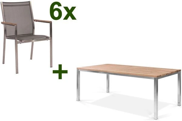 STERN Cardiff Esstischgruppe, Silber/silbergrau, Edelstahl/Teak, Tisch 200 X 100 Cm, 6 Stapelsessel 1 STERN Cardiff Esstischgruppe, Silber/silbergrau, Edelstahl/Teak, Tisch 200 X 100 Cm, 6 Stapelsessel