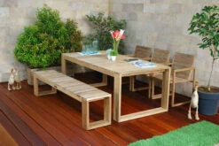 OUTFLEXX Anok Esstischgarnitur, Natur, Recycled FSC-Teak, Esstisch 200x100cm, 1x Bank 200x40cm, 3x Stuhl