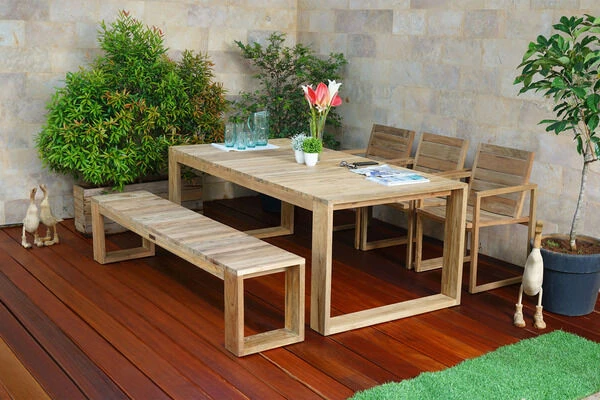 OUTFLEXX Anok Esstischgarnitur, Natur, Recycled FSC-Teak, Esstisch 200x100cm, 1x Bank 200x40cm, 3x Stuhl 1 OUTFLEXX Anok Esstischgarnitur, Natur, Recycled FSC-Teak, Esstisch 200x100cm, 1x Bank 200x40cm, 3x Stuhl