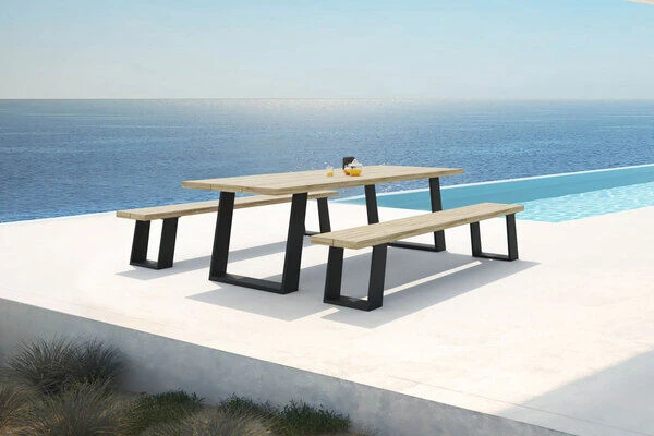 OUTFLEXX Zero Esstischgarnitur, Dark Grey/natur, Alu/recycled FSC-Teak, Esstisch 240x100cm, 2x Bank 240x40cm 1 OUTFLEXX Zero Esstischgarnitur, Dark Grey/natur, Alu/recycled FSC-Teak, Esstisch 240x100cm, 2x Bank 240x40cm