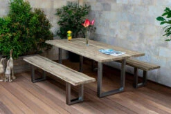 OUTFLEXX Esstischgarnitur, Silber/natur, Edelstahl & Recycled FSC-Teak, Esstisch 200x100cm, 2xBank 200x40cm, Baumkante