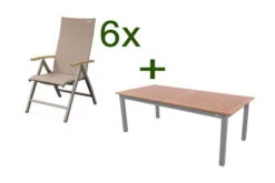 DOPPLER Expert Esstischgarnitur, Silber/Holzoptik/beige, Alu/Textilene, 6x Multipositionssessel, 220-280x100 Cm