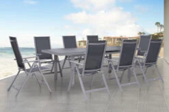 OUTFLEXX Premium Esstischgarnitur, Silber/grau, Alu/Textilene, Ausziehtisch 180/240 X 100 Cm, 8 Multipositionssessel