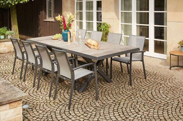 SIENA GARDEN Velia / Sincro Dining Set, Anthrazit/natur-grau, Alu/Ranotex/Keramik, 8 Sessel, Ausziehtisch 205/265 X 103 Cm 1 SIENA GARDEN Velia / Sincro Dining Set, Anthrazit/natur-grau, Alu/Ranotex/Keramik, 8 Sessel, Ausziehtisch 205/265 X 103 Cm