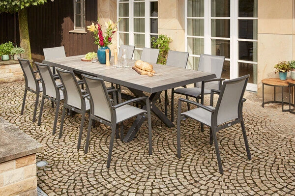 SIENA GARDEN Velia / Sincro Dining Set, Anthrazit/natur-grau, Alu/Ranotex/Keramik, 10 Sessel, Ausziehtisch 205/265 X 103 Cm 1 SIENA GARDEN Velia / Sincro Dining Set, Anthrazit/natur-grau, Alu/Ranotex/Keramik, 10 Sessel, Ausziehtisch 205/265 X 103 Cm