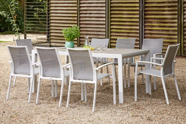 SIENA GARDEN Velia / Silva Dining Set, Weiß/washed Grey, Alu/Ranotex/Keramik, 8 Sessel, Tisch 220 X 100 Cm 1 SIENA GARDEN Velia / Silva Dining Set, Weiß/washed Grey, Alu/Ranotex/Keramik, 8 Sessel, Tisch 220 X 100 Cm