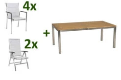 STERN Cardiff Esstischgarnitur, Silber, Edelstahl/Textilen/FSC-Teak/Alu, 162/220 X 90 Cm, Butterfly-Auszug, 4 Stapel-, 2 Multipo