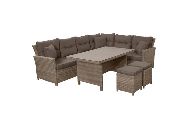 Ploß Rabida Dining-Lounge, Champagner-meliert, Polyrattan, 7 Tlg., 5-6 Pers., 146x85cm, Inkl. Polster 2 Ploß Rabida Dining-Lounge, Champagner-meliert, Polyrattan, 7 Tlg., 5-6 Pers., 146x85cm, Inkl. Polster – Bild 2