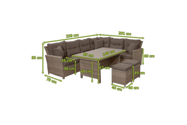 Ploß Rabida Dining-Lounge, Champagner-meliert, Polyrattan, 7 Tlg., 5-6 Pers., 146x85cm, Inkl. Polster 5 Ploß Rabida Dining-Lounge, Champagner-meliert, Polyrattan, 7 Tlg., 5-6 Pers., 146x85cm, Inkl. Polster – Bild 5