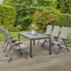 SIENA GARDEN Savina XL/Miros Esstischgarnitur, Matt Graphit/grau, Alu/Teak/Texfabric/Spraystone, Tisch 180/240x90 Cm, 6 Multipos.