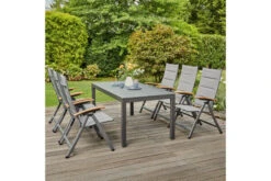 SIENA GARDEN Savina XL/Miros Esstischgarnitur, Matt Graphit/grau, Alu/Teak/Texfabric/Spraystone, Tisch 180/240x90 Cm, 6 Multipos.