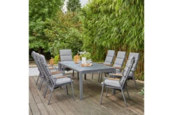 SIENA GARDEN Savona/Kingston Esstischgarnitur, Matt Graphit/grau/slate Look, Alu/Teak/Keramik/Texfabric, Tisch 220/340x108 Cm, 8 Stapelsessel
