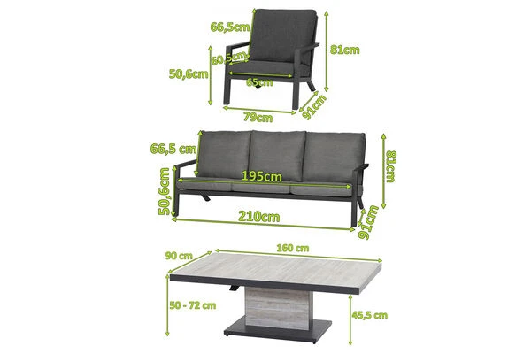 SIENA GARDEN Belia/Bellani Loungemöbel, Matt Anthrazit/pinie-grau, Alu/Keramik, Lifttisch 160x90 Cm, 1x 3-Sitzer, 2 Sessel 5 SIENA GARDEN Belia/Bellani Loungemöbel, Matt Anthrazit/pinie-grau, Alu/Keramik, Lifttisch 160x90 Cm, 1x 3-Sitzer, 2 Sessel – Bild 5